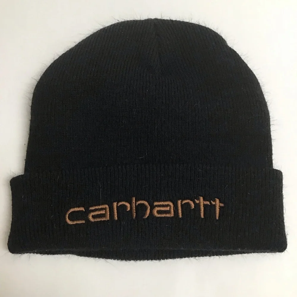 Carhartt Beanie Black Brown Embroidered Patch Logo Knit Cuffed Hat 3M Thinsulate - Picture 2 of 5